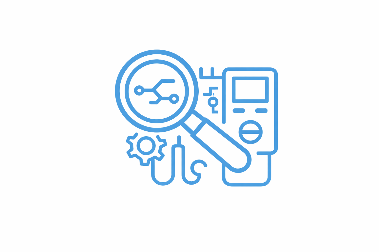 Sistemlerin ve elektronik araçların üzerinde büyüteç ve test cihazları bulunan araştırma simgesi.