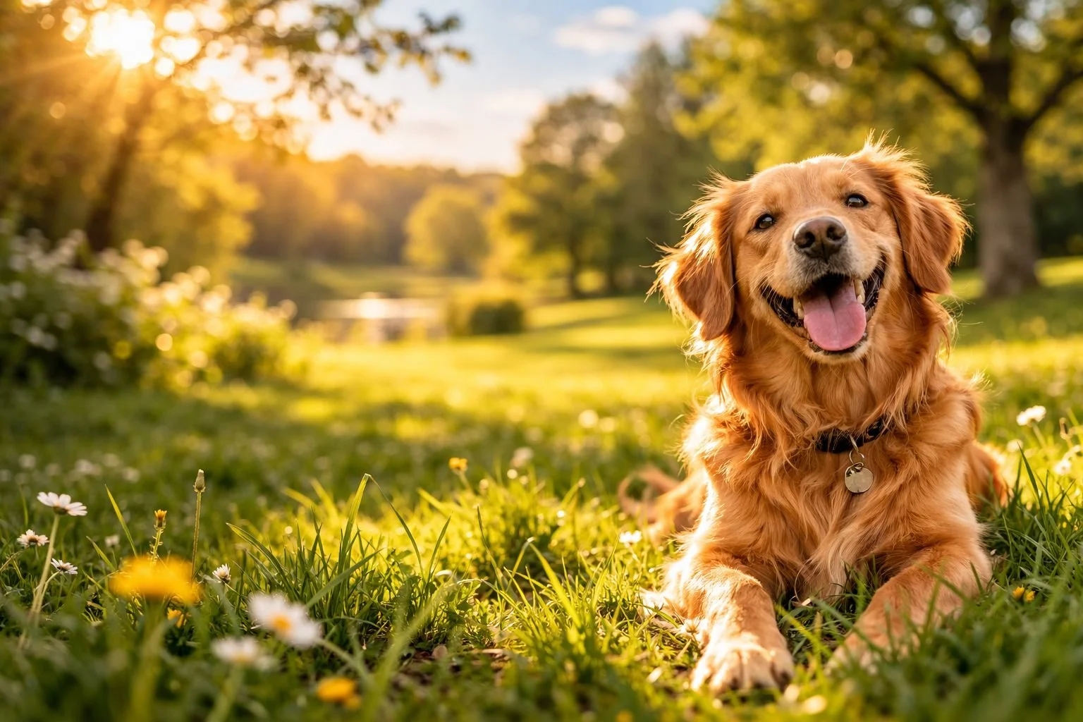 A happy golden retriever dog lying on grass in a park during sunset, with trees and a river in the background.