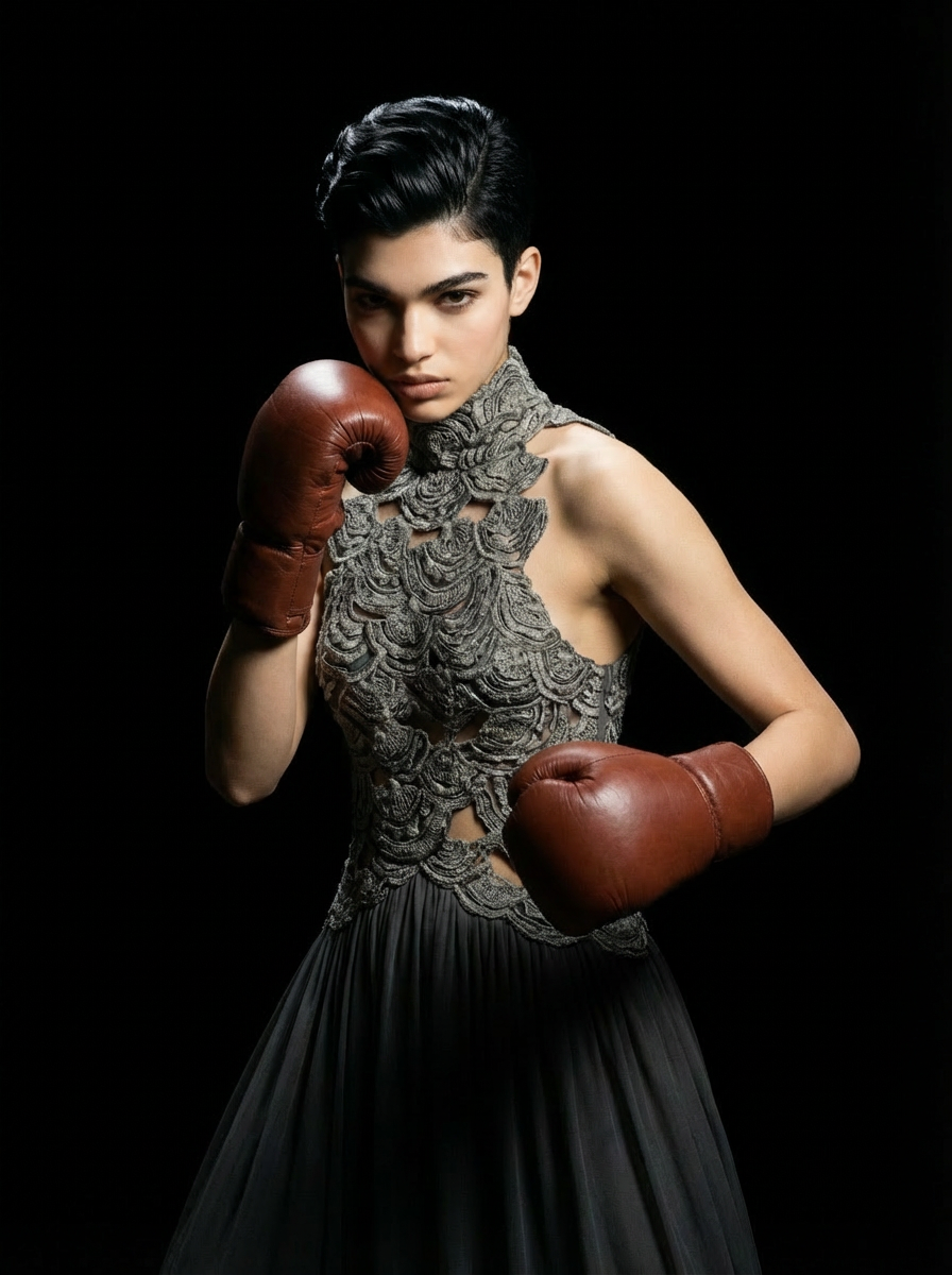 Visuel iconique mode – Femme gants de boxe et robe noire avec motifs, image IA et direction artistique par Ramisphere