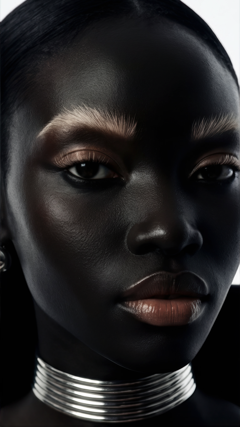 Campagne éditoriale mode – Gros plan femme collier cercles métalliques et maquillage discret, image IA et direction artistique par Ramisphere