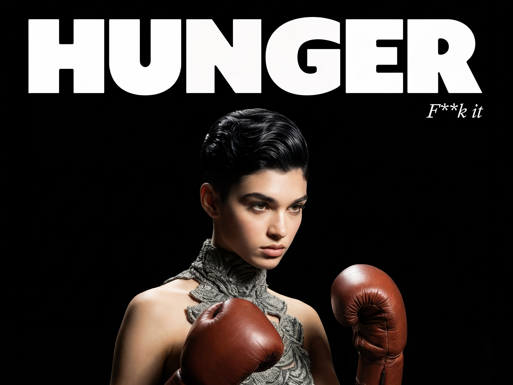 Visuel iconique mode – Femme gants de boxe foncé, fond noir, image IA et direction artistique par Ramisphere