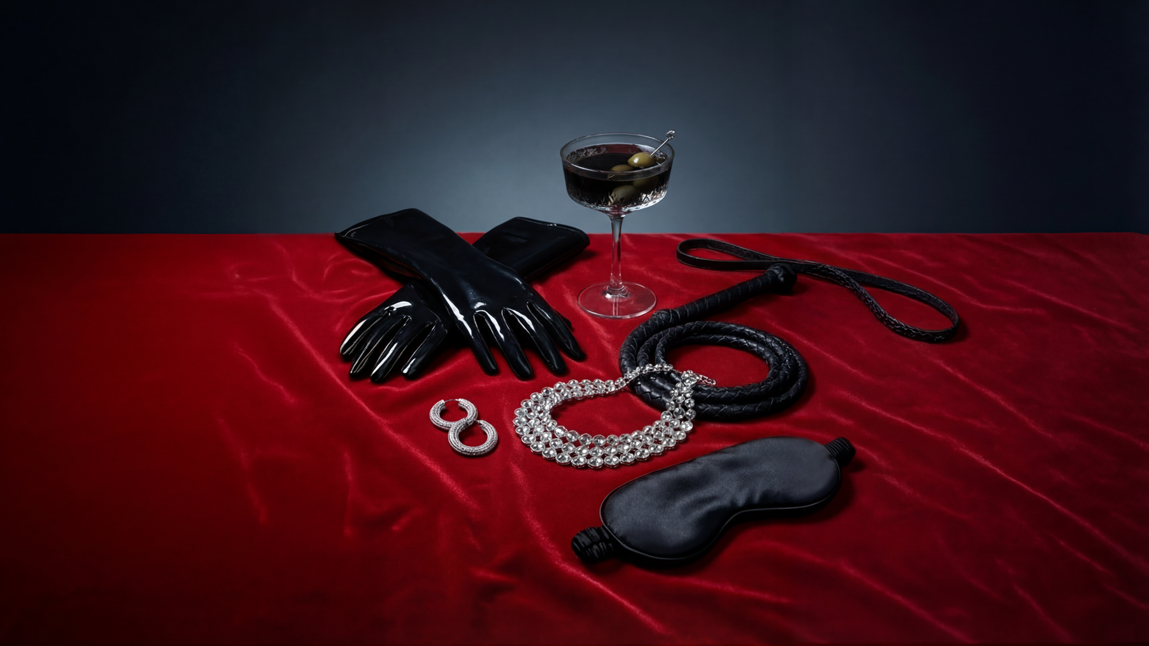Visuel iconique joaillerie – Accessoires noir et argent sur drap rouge, image IA et direction artistique par Ramisphere