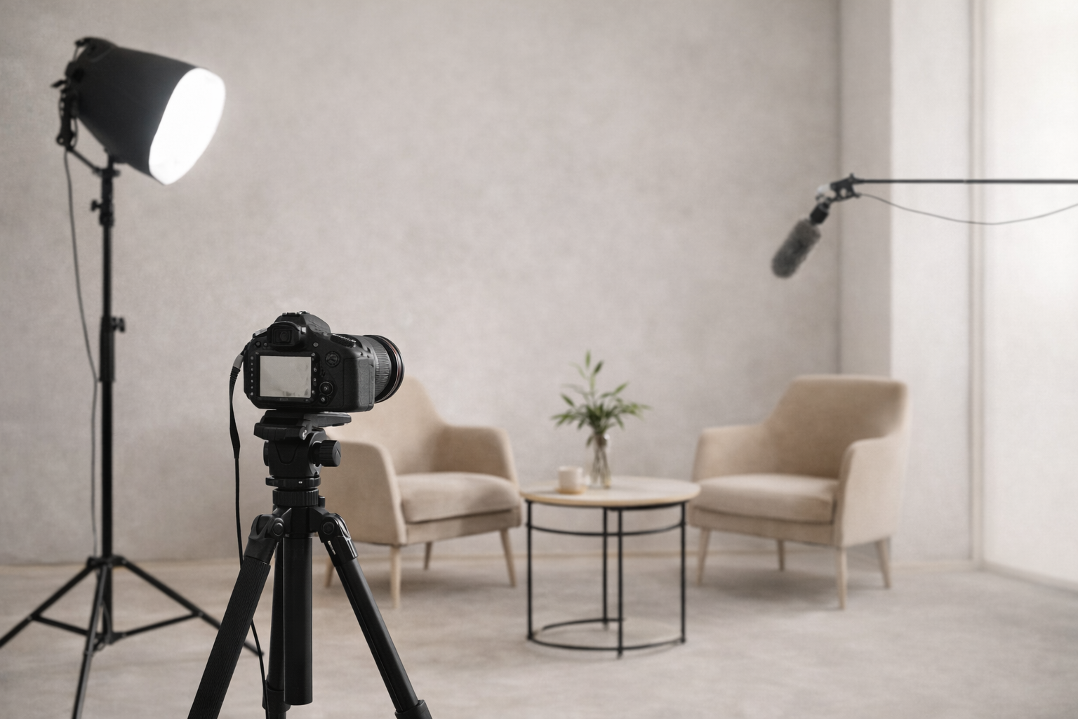 A light, camera on a tripod and microphone set up in front of two chairs and a coffee table.