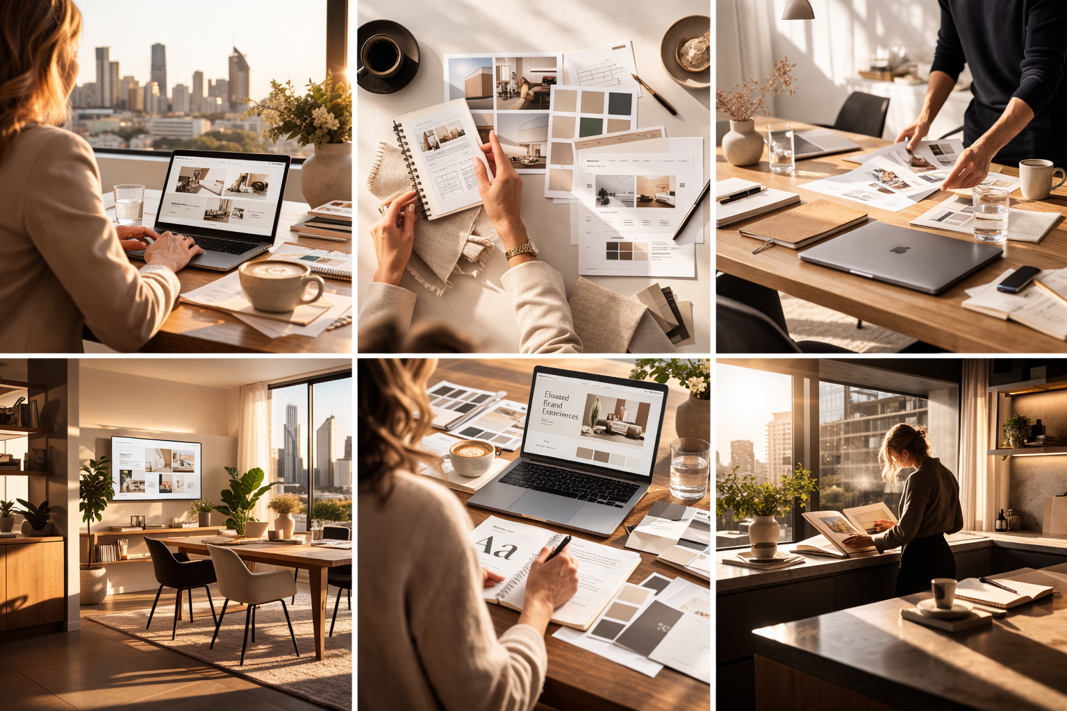 Mutliple pictures of a lady working with design documents and a computer at a desk