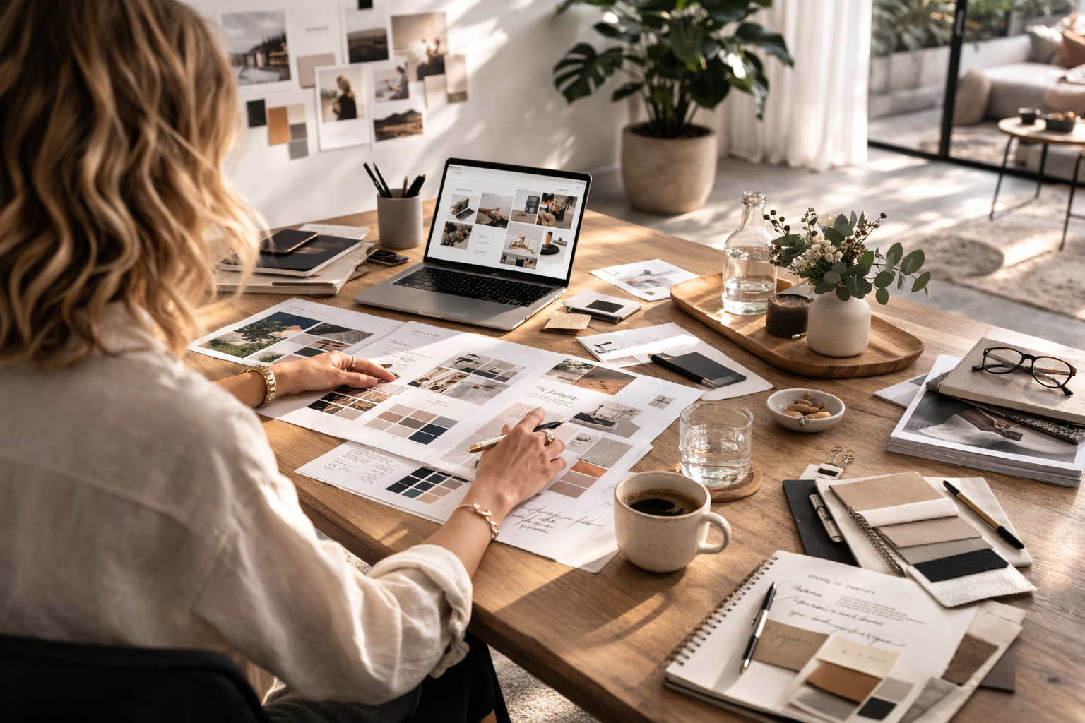 A lady working at a desk looking at design documents