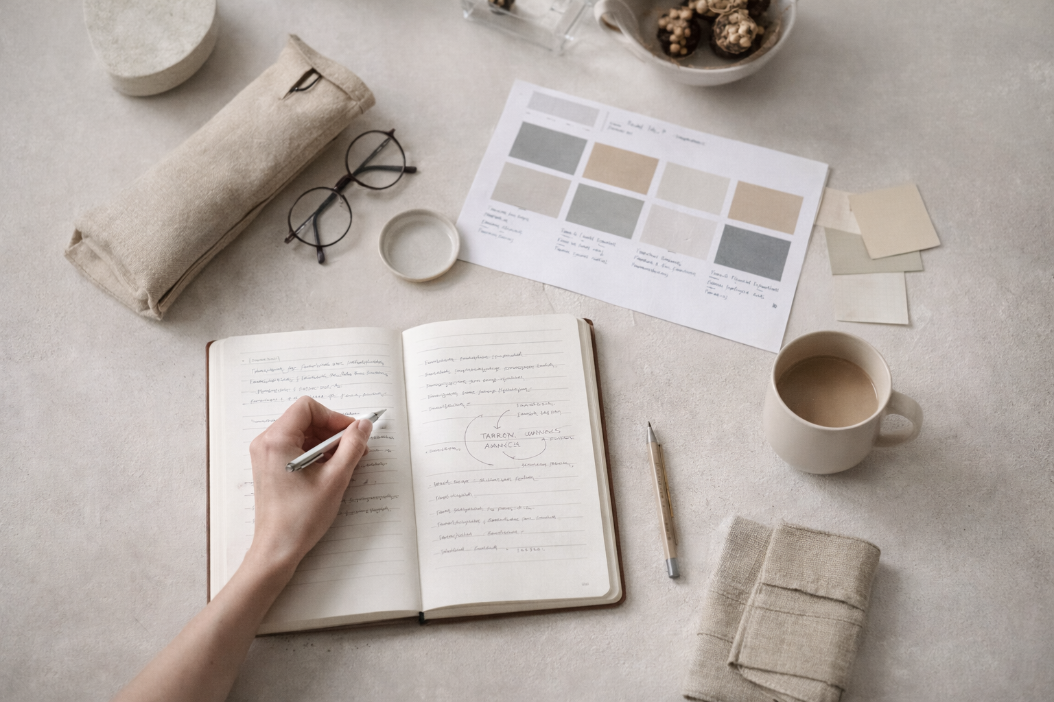 A left hand holding a pen journalling on a table, with paper, a cup of coffee and glasses.