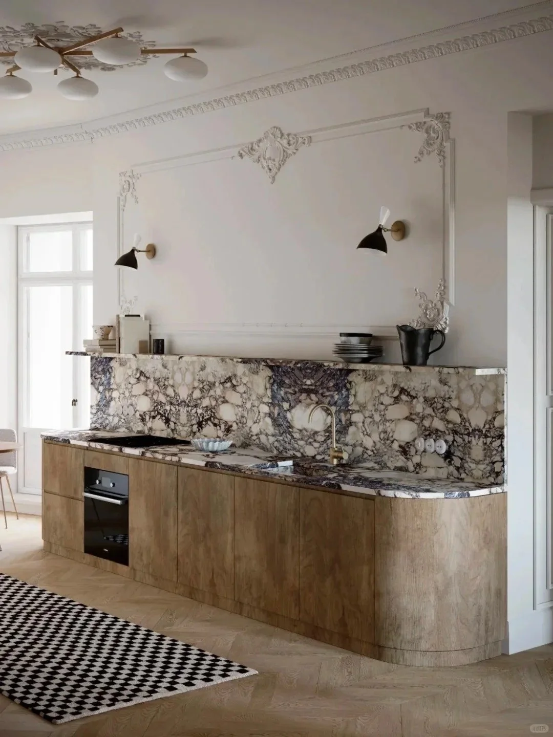 Modern kitchen with marble backsplash, wooden cabinets, and a black and white checkered rug.