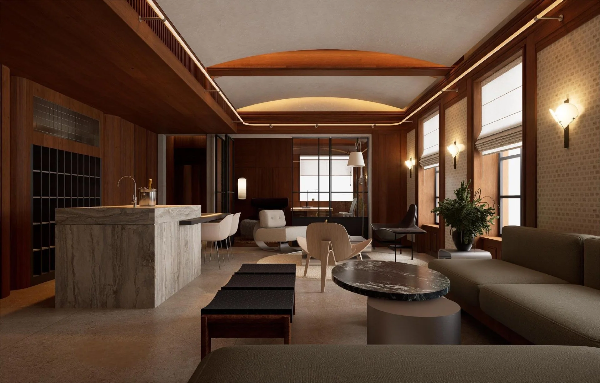 A cozy living room with wooden and beige walls, large windows with roman shades, modern wall sconces, and a variety of seating including armchairs, a sofa, and a round marble-topped coffee table.