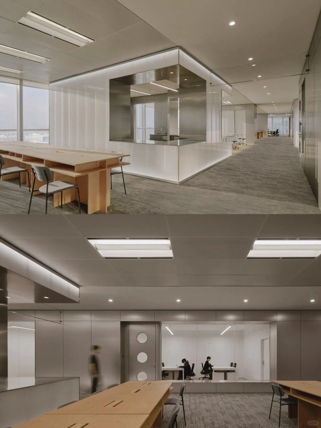 Modern office space with open area, meeting rooms, and workstations, featuring sleek design with minimalist furniture and lighting