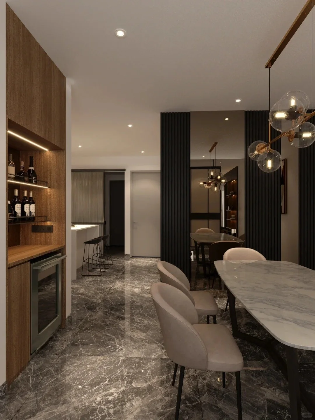 Modern dining area with marble table, beige chairs, black vertical wooden panels, and glass globe pendant lights.