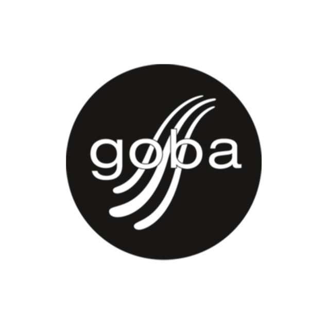 Schwarzer Kreis mit dem weißen Schriftzug 'goba' und stilisierten Linien, die Bewegung symbolisieren.