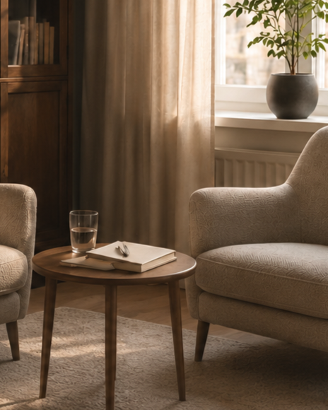 Vardagsrum med två beige fåtöljer, ett runt träbord med en glas vatten och en dagbok, gardiner och en fönstervägg med växt i kruka.