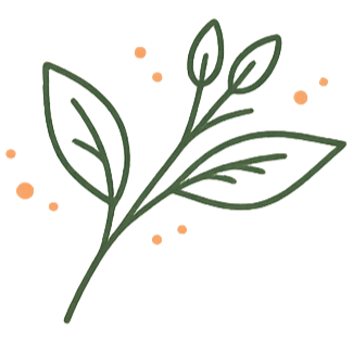 En enkel illustration av ett växtstjälk med fyra blad och små rosa-prickar runtom.