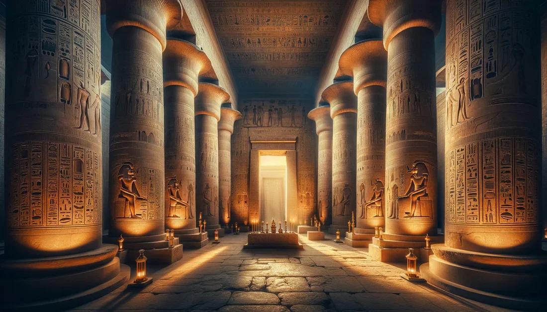 Ancient Egyptian temple interior with tall carved columns, hieroglyphic inscriptions, and statues, illuminated by soft warm light.