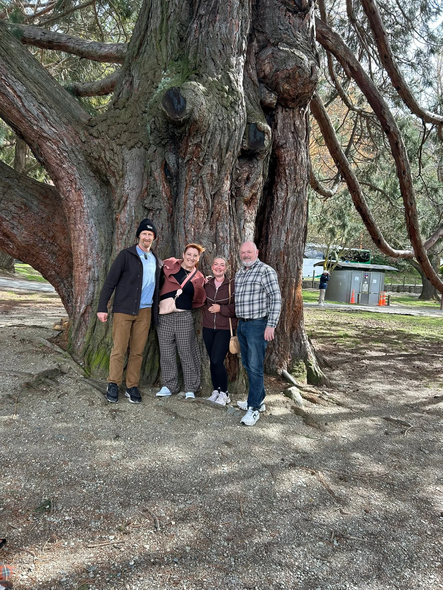 Four people stand in front of a large, ancient tree with thick, textured bark in a park-like setting.