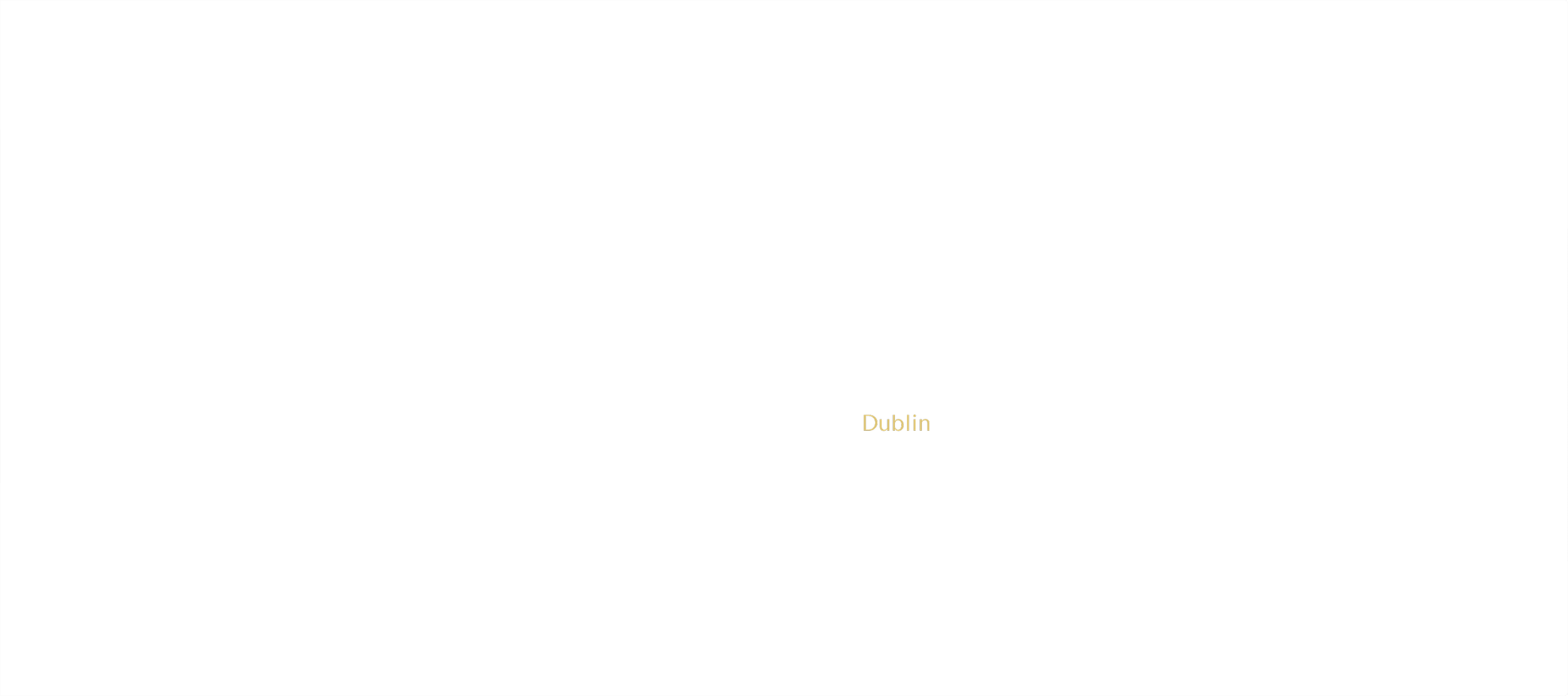 A dark map of Dublin, Ireland, with the city name labeled in gold text.