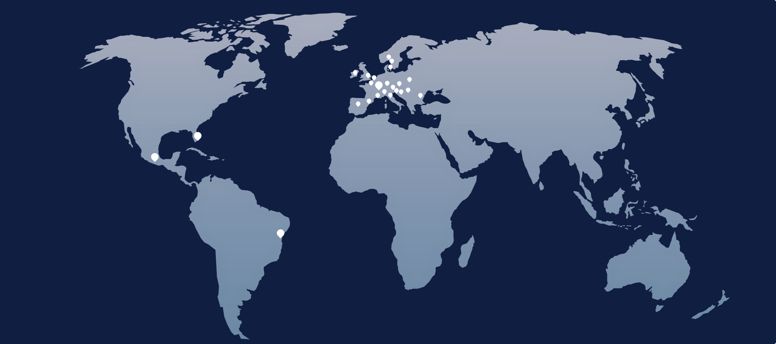 A world map with white dots marking locations across North America, Europe, Africa, South America, and Oceania.