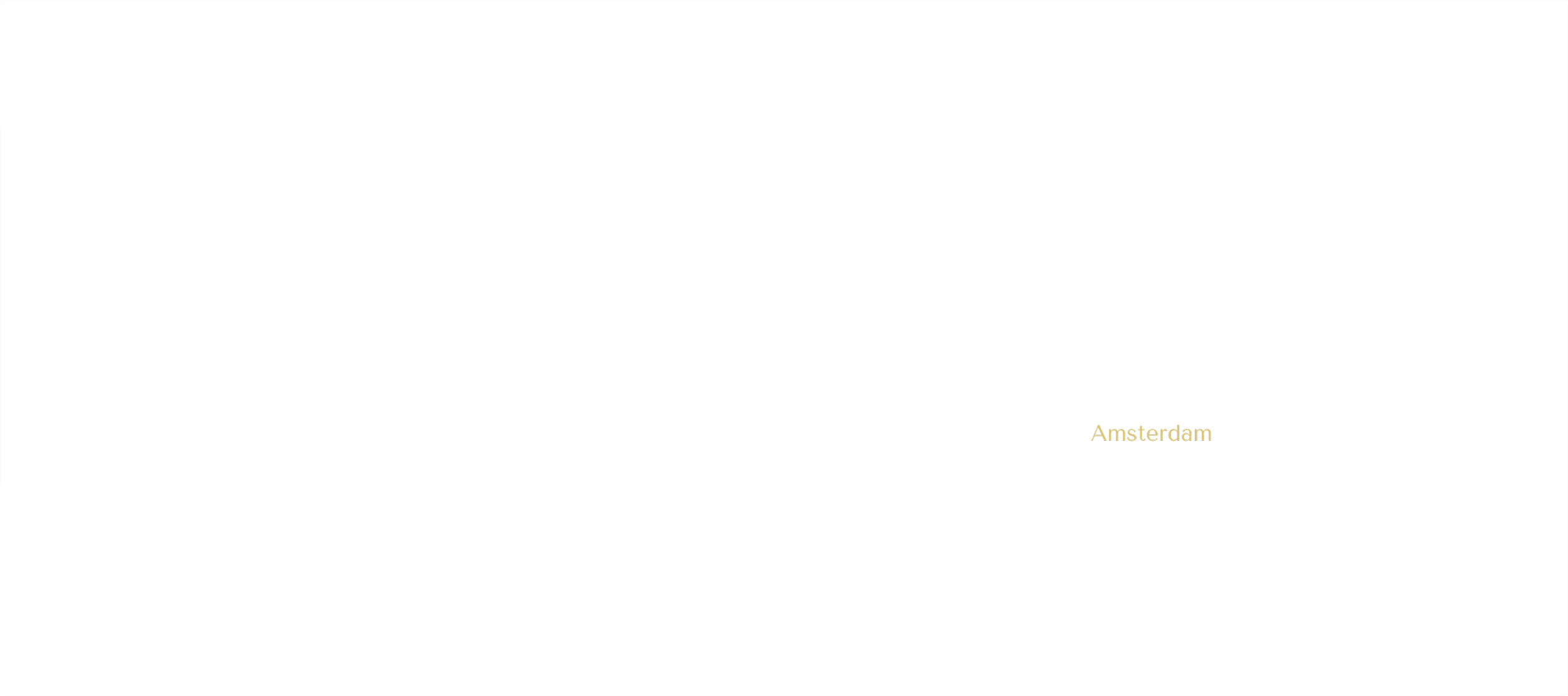 A minimalist map of the Netherlands with a black background and yellow text labeling Amsterdam.