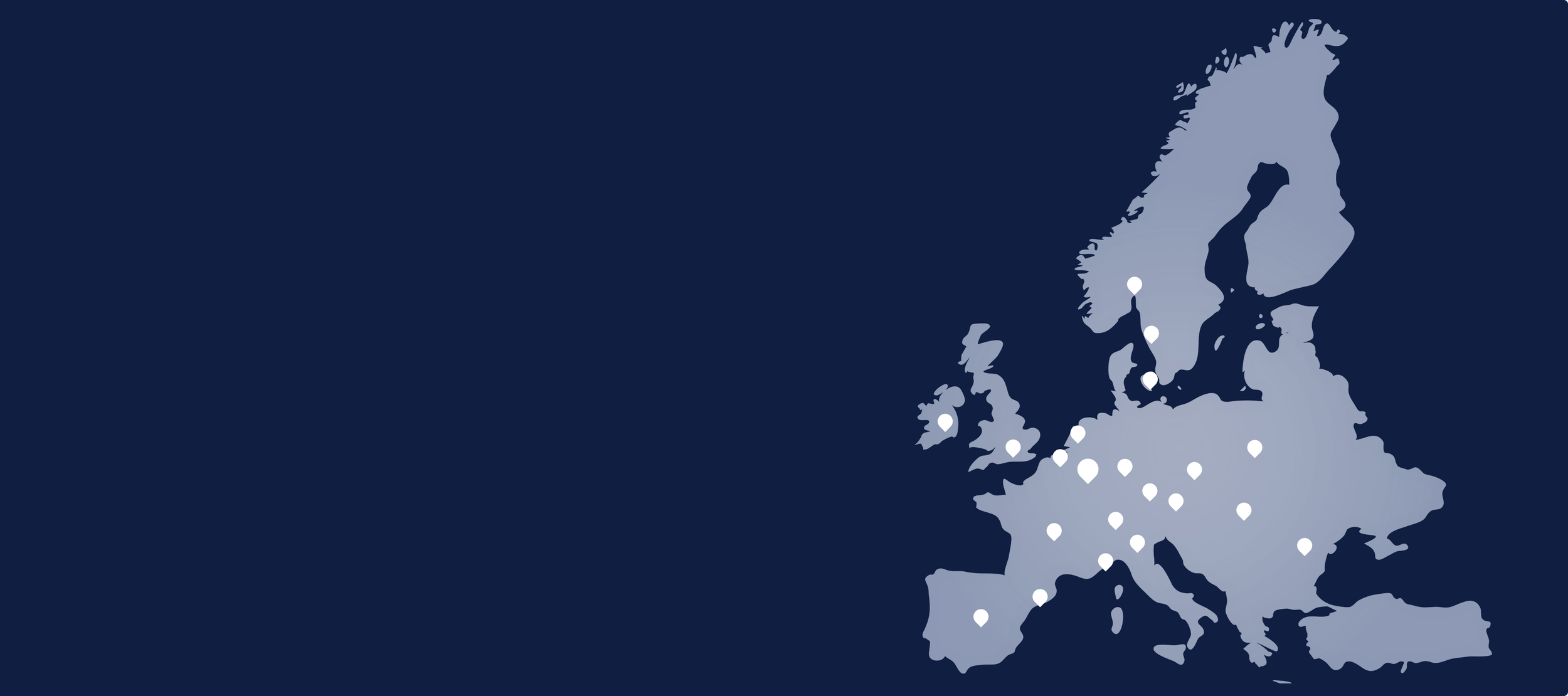 Map of Europe with white location pins marking various cities across the continent.