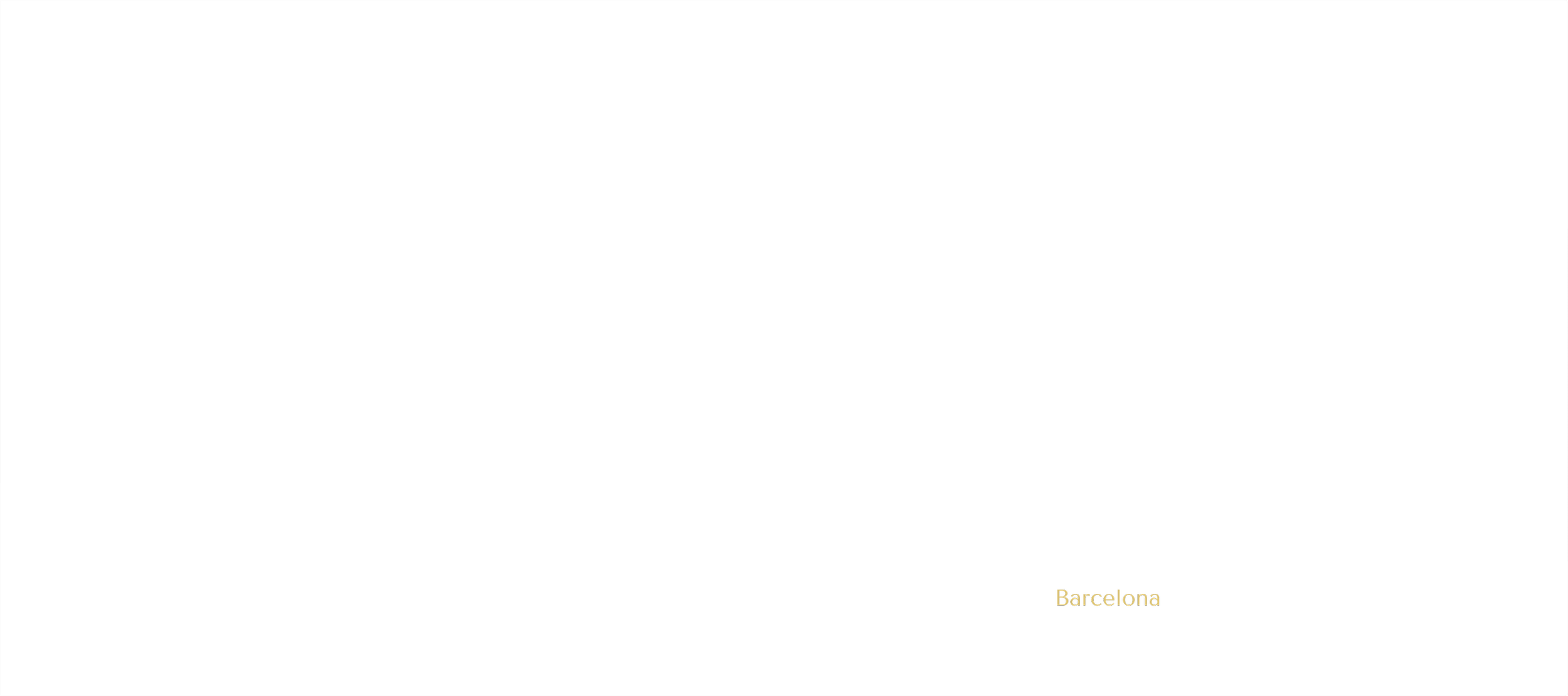Black background with a white outline map of Barcelona, Spain, with the city name in gold at the bottom right corner.