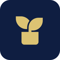 Icon of a potted plant with two leaves on a dark blue background.