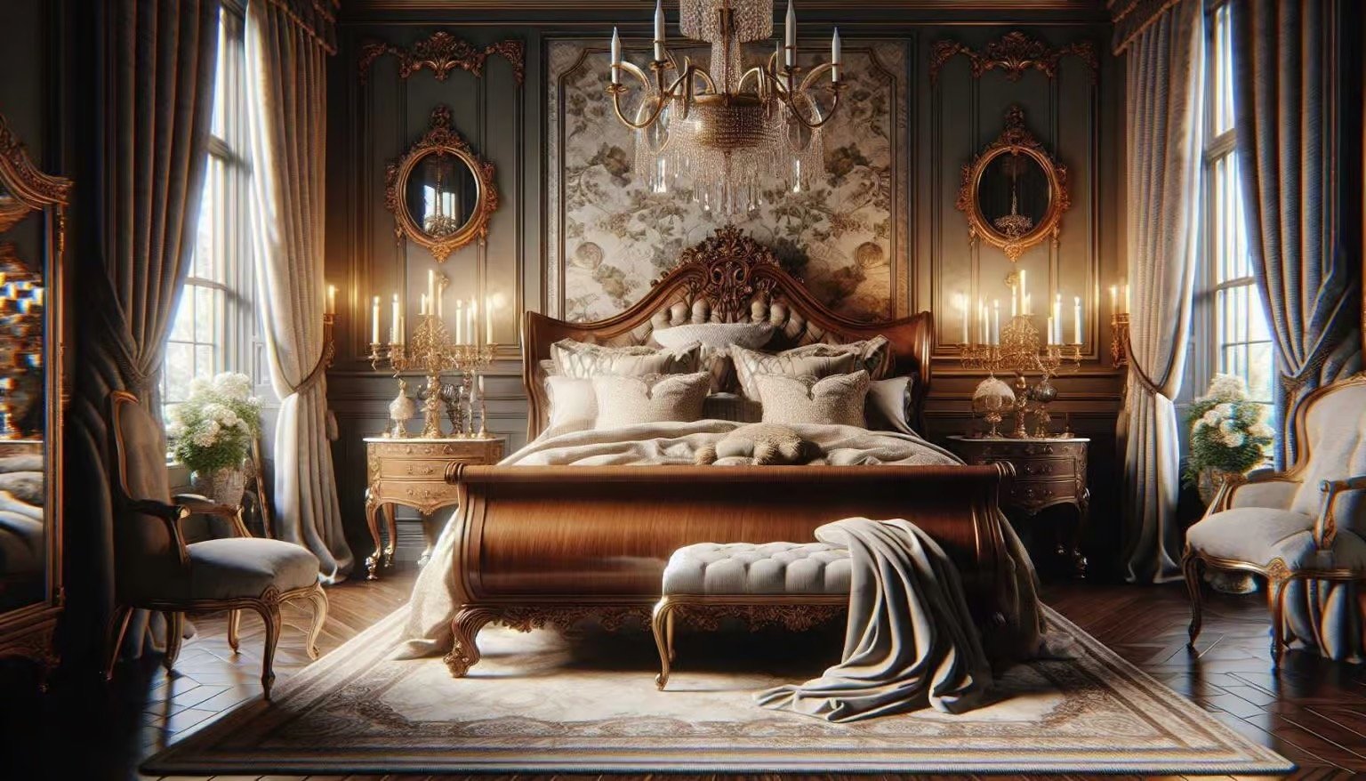 Chambre à coucher luxueuse avec lit en bois sculpté, nombreux oreillers, chandeliers, miroirs dorés, armoires anciennes, rideaux épais et tapis orientaux.