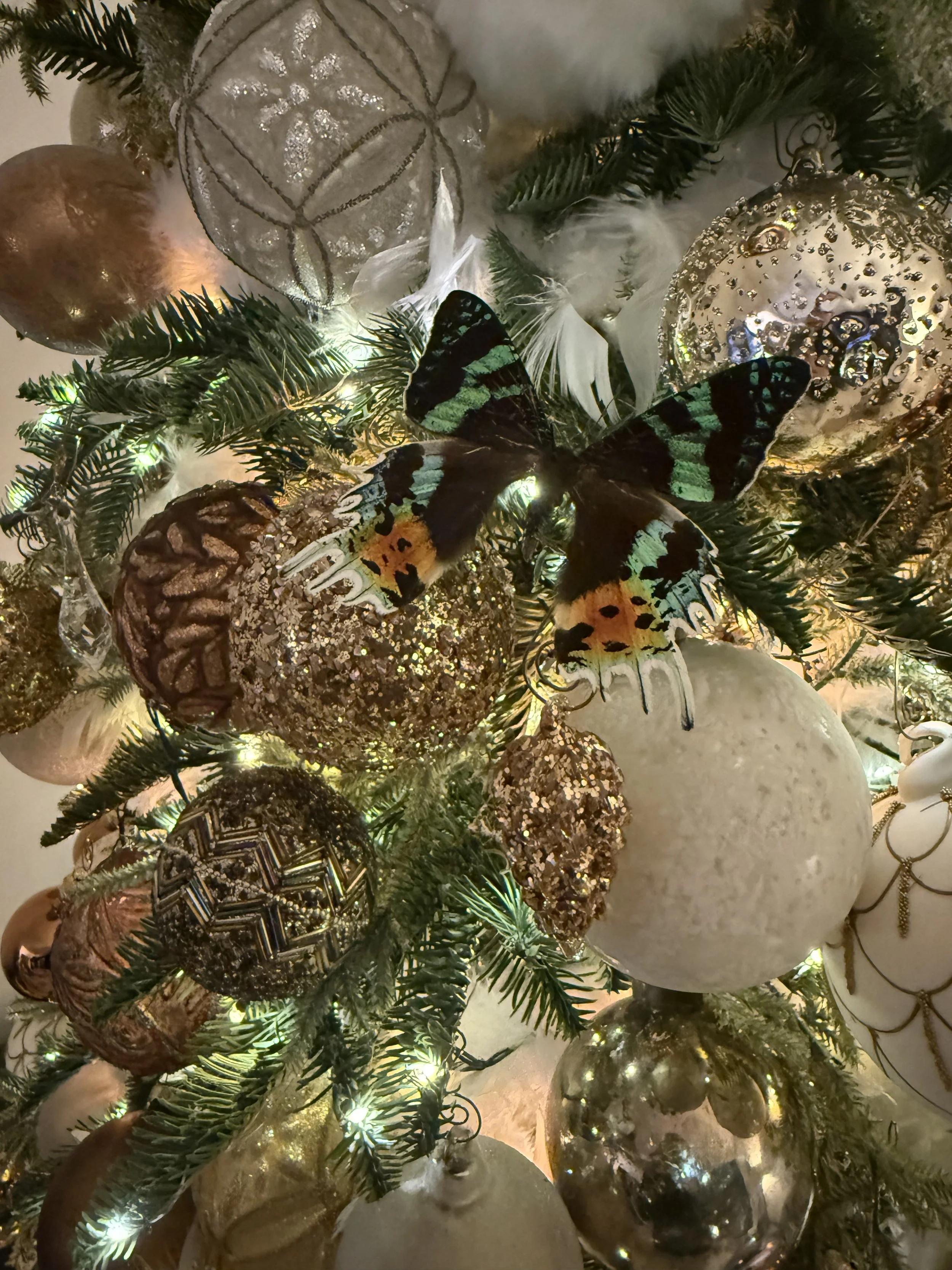 Décor de Noël avec des boules, des branches de sapin et des papillons en verre, éclairé par des lumières