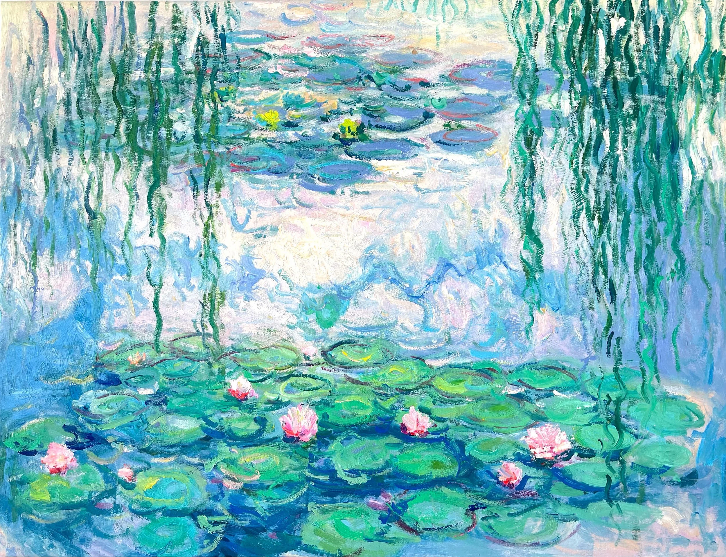 Peinture impressionniste représentant un étang avec des nénuphars roses et jaunes, entouré de longues tiges vertes de plantes aquatiques.