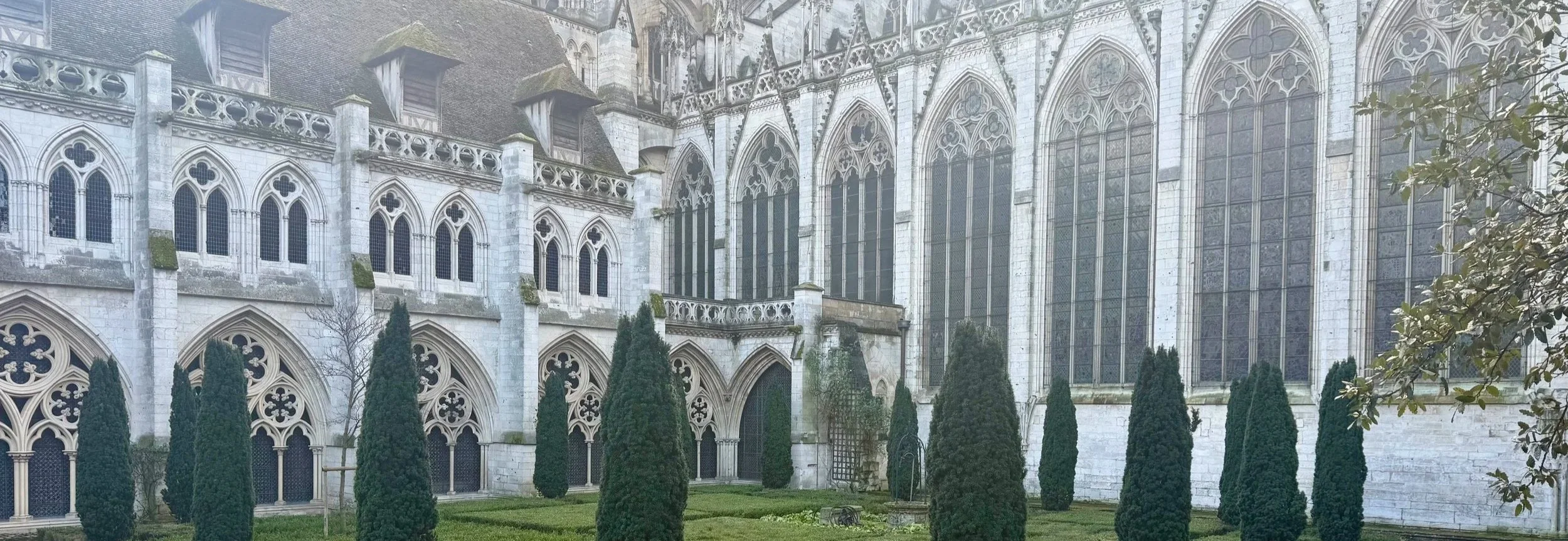 Vue d'une vieille cathédrale gothique en pierre avec de grandes fenêtres en verre, entourée d'un jardin avec des arbres en forme de cône.
