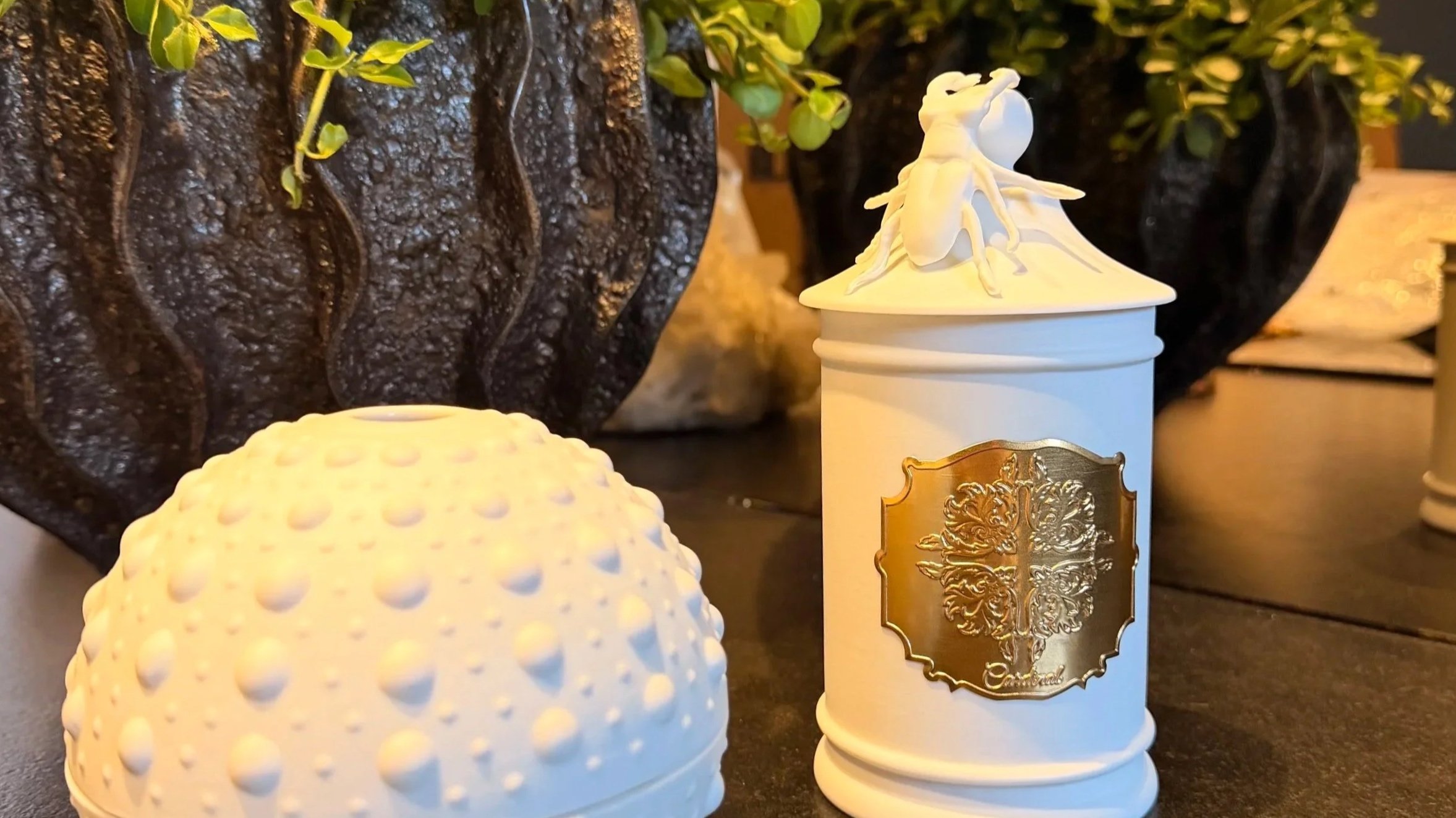 Objets décoratifs blancs avec des motifs en relief, placés devant des pots de fleurs verts. L’un des objets est une boîte à couvercle sculpté, un autre ressemble à une boîte cylindrique ornée de gravures dorées.