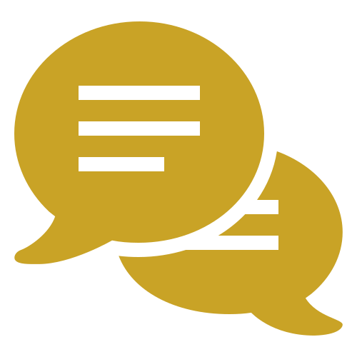 Two overlapping golden speech bubbles with black horizontal lines representing text.