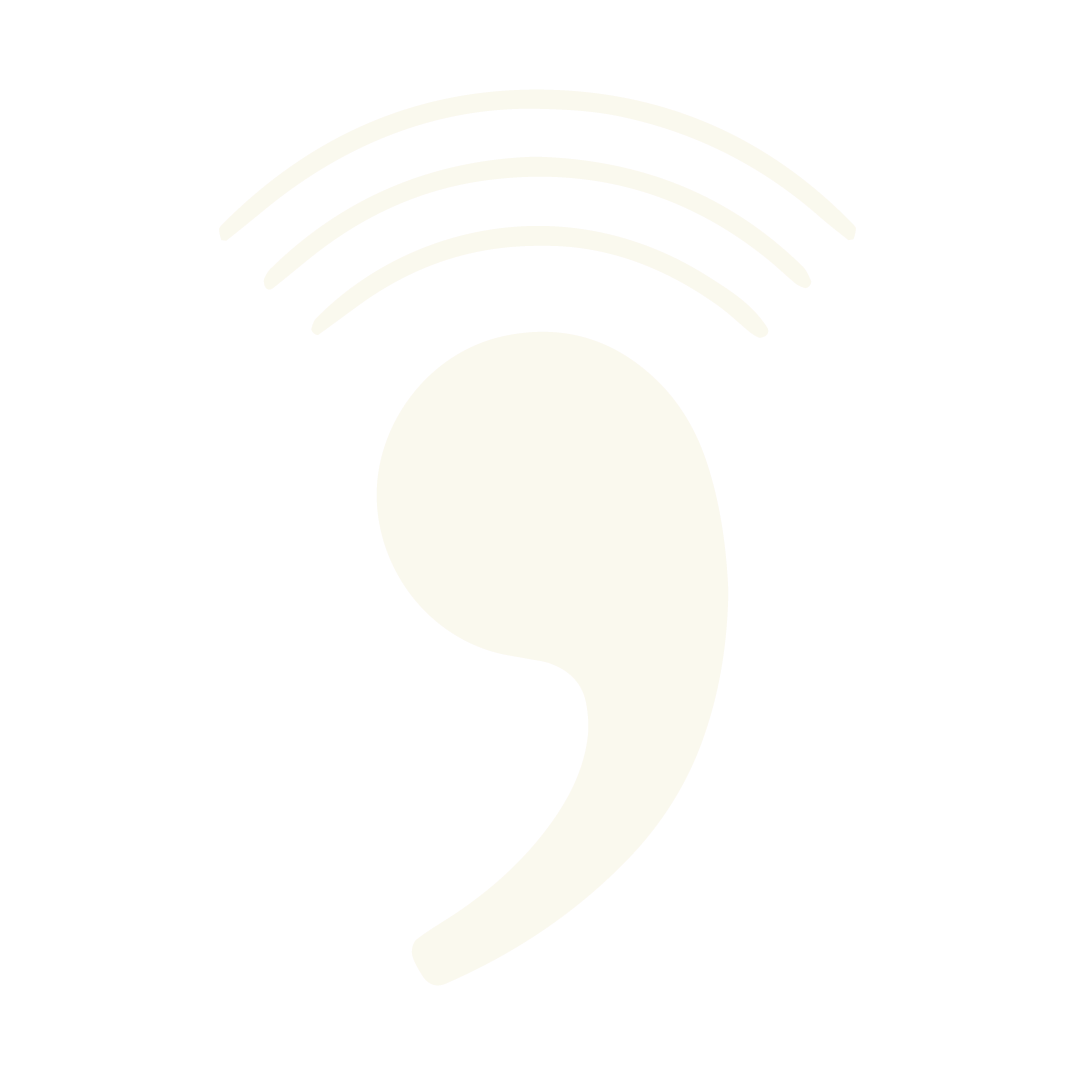 Gold ear with wireless signal lines above it, symbolizing hearing aid or audio device.