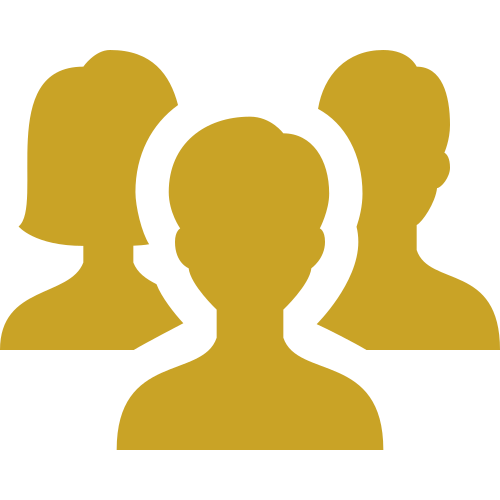 A gold-colored silhouette of three people, with one in the center and two slightly behind on each side, against a black background.