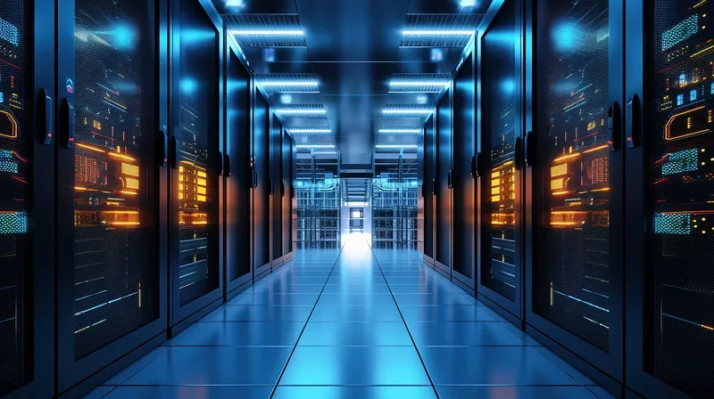 Een datacenter met rijen serverkasten en blauwe LED-verlichting.