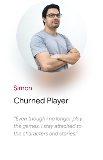 Man with crossed arms, labeled as Simon 'Churned Player', with quote 'Even though I no longer play the games, I stay attached to the characters and stories.'