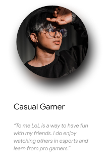 Profile card featuring a person labeled 'Casual Gamer' with a quote about enjoying games and learning from pro gamers.