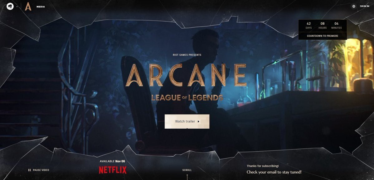 Promotional image for "Arcane: League of Legends" by Riot Games, featuring a shadowy figure and laboratory scene. Available on Netflix from November 6. Countdown to premiere is displayed.