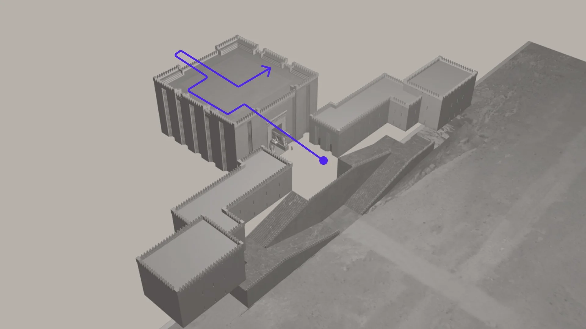 3D model of ancient fortress with pathway marked, featuring square buildings and stairs