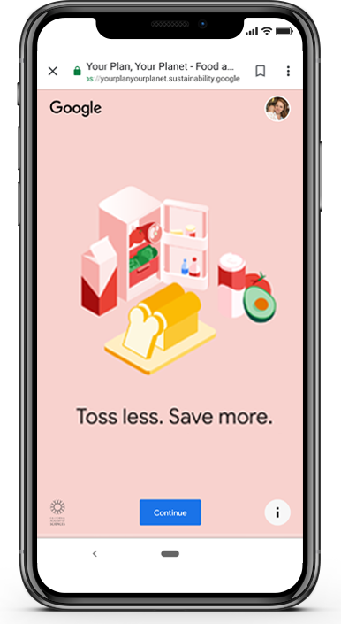 Smartphone display showing a Google sustainability page with graphics of food items like bread, milk, and vegetables, along with the text 'Toss less. Save more.' on a pink background.