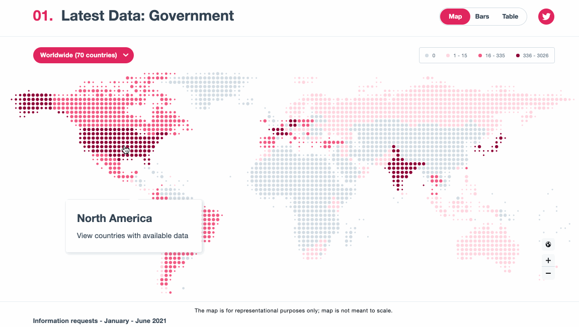 World map with color-coded dots representing government data requests by region, featuring a highlighted section for North America, with a dropdown and search options.