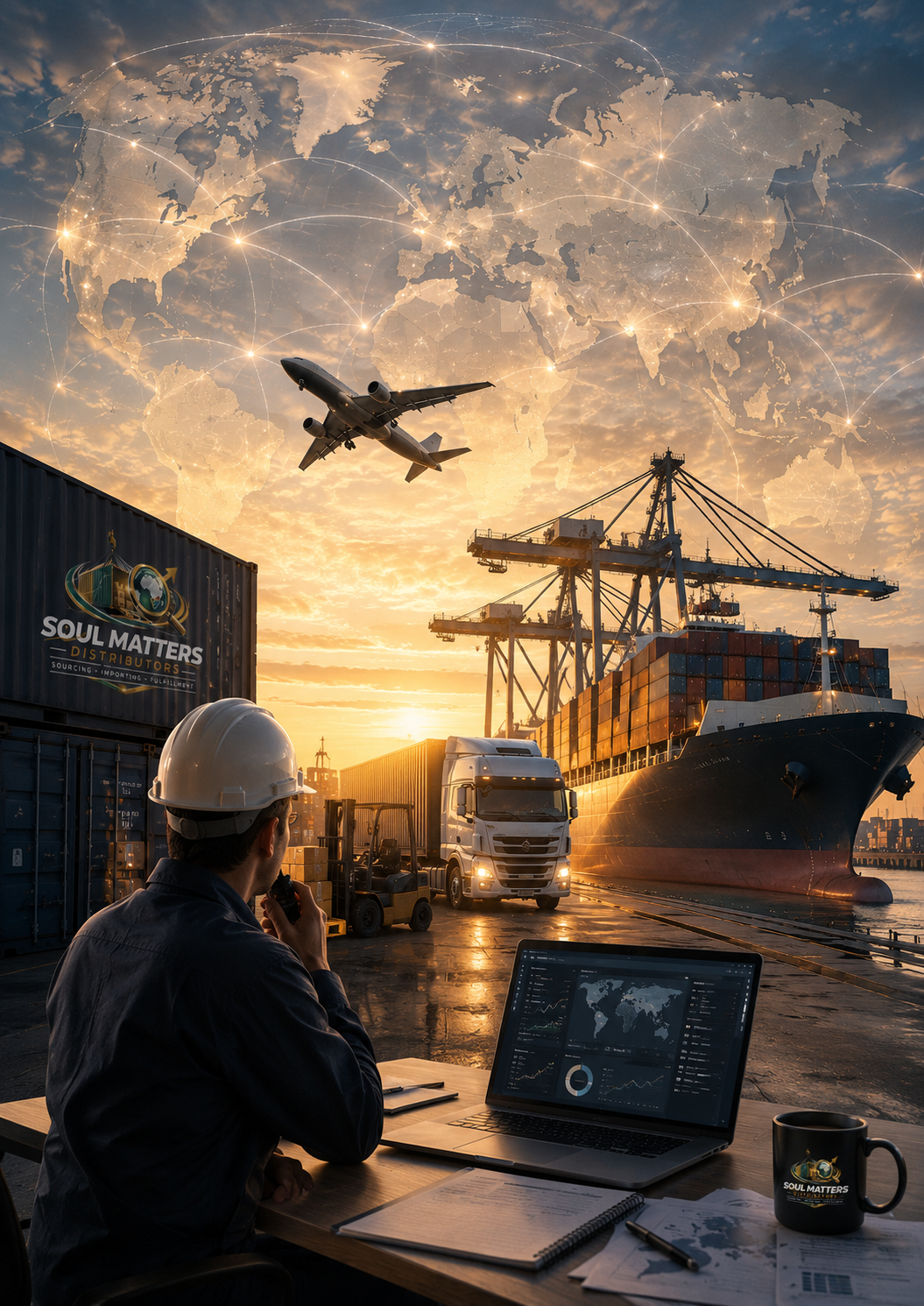 A port with cargo containers, a large ship, a crane, and a truck at sunset. An engineer wearing a hard hat works at a desk with a laptop showing global shipping data, and a person in the background communicates using a radio or walkie-talkie. An airplane flies overhead, and a world map with connection lines is overlaid in the sky.