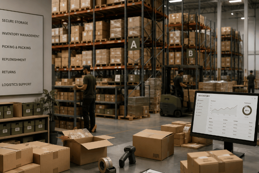 Warehouse with tall shelves stacked with boxes, workers managing inventory, a digital inventory dashboard on a computer monitor, and various packed boxes on tables.
