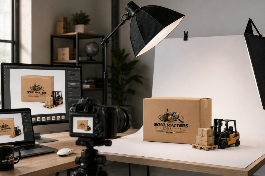 Photography studio setup with a cardboard box labeled 'SOUL MATTERS,' a miniature forklift with boxes, professional lighting equipment, a camera on a tripod, and computer screens displaying the product.