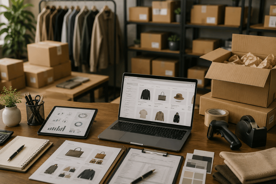 Workstation in a clothing business with a laptop showing an online store, tablet with charts, notepad, and various office supplies surrounded by packed boxes in a storage room.