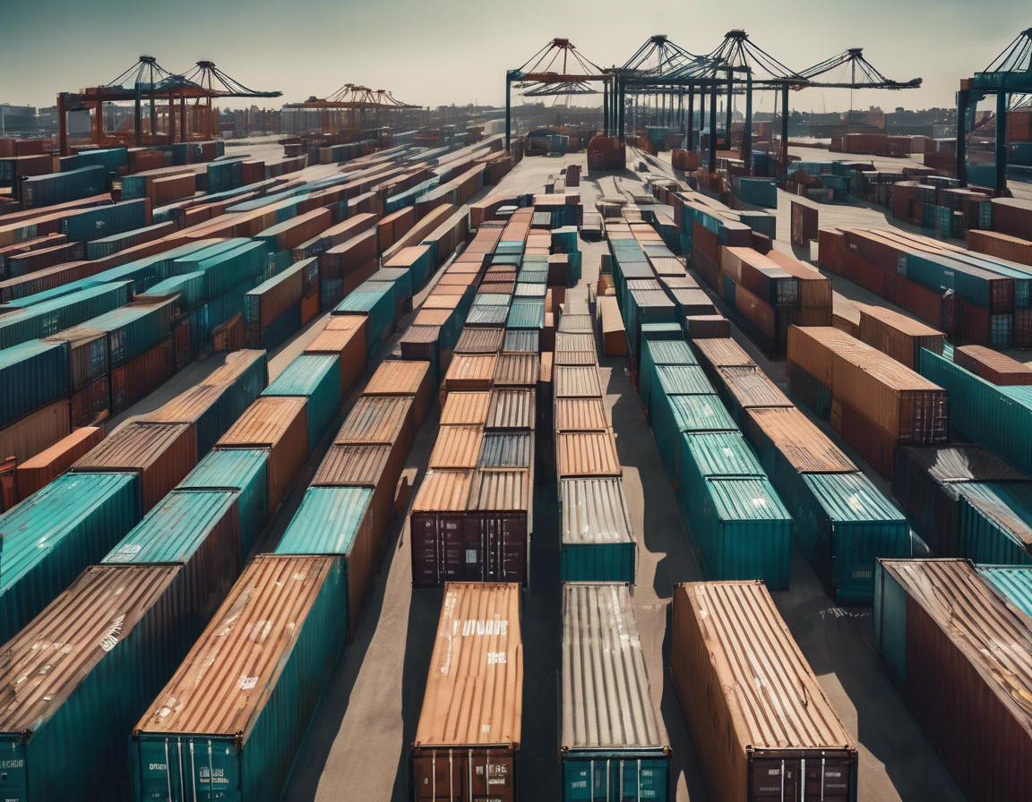 Aerial view of a large shipping port with numerous cargo containers arranged in rows and cranes in the background.