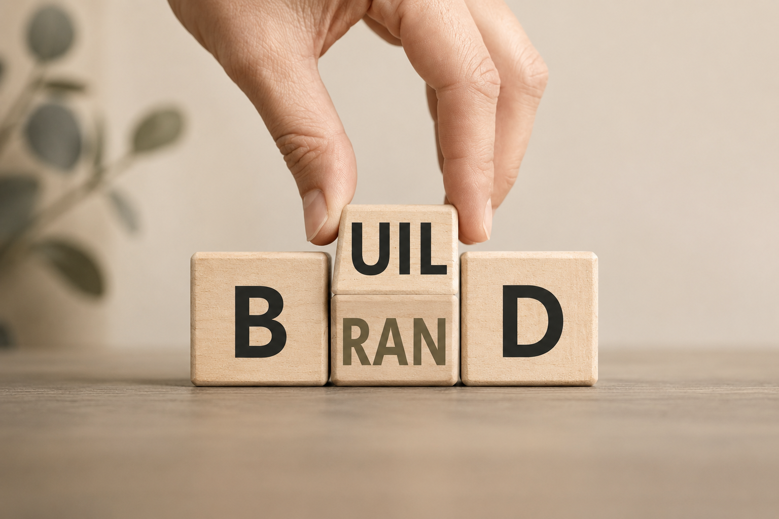 Wooden blocks spelling out 'BUILD BRAND' with a hand adjusting the block that says 'UIL'.