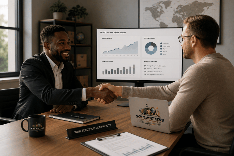 Two men in a business meeting shaking hands, seated at a desk with documents, a coffee mug, and a laptop displaying a logo for Soul Matters. A large monitor behind them shows performance data, charts, and graphs in a professional office setting.