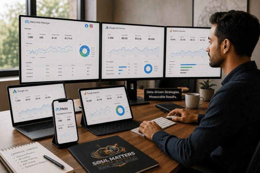 Man working at a desk with multiple screens showing digital marketing analytics and graphs.