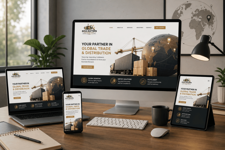 Digital devices on a wooden desk displaying a website for a global trade and distribution company, with a globe, containers, and a construction crane in the background.