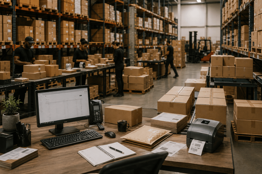 Warehouse with workers packing boxes on shelves and a desk with computer and supplies.
